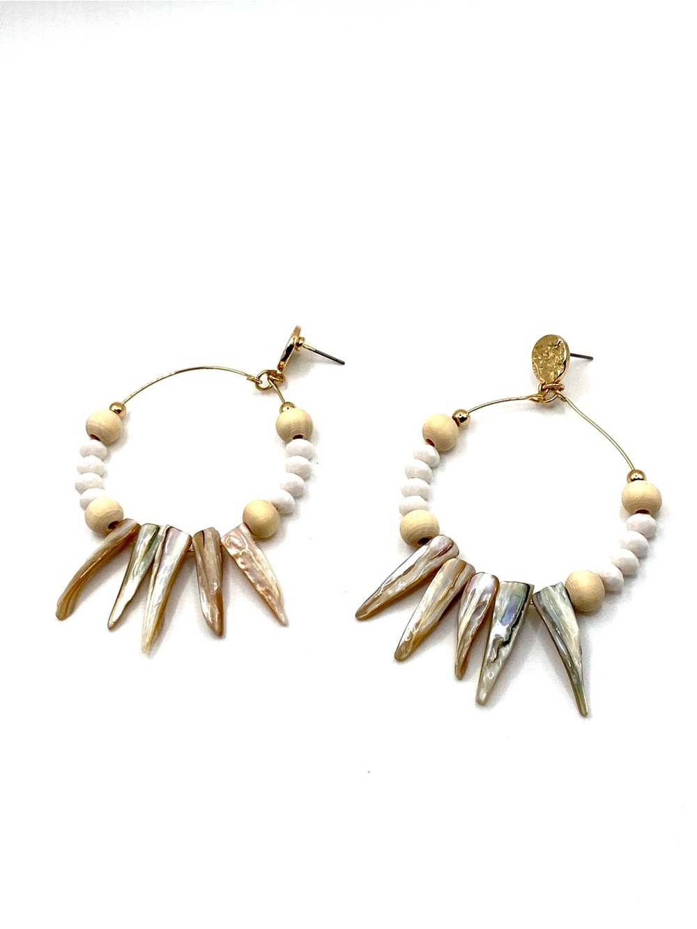 Plunder Design Gold Iridescent Mother of Pearl Shell Spike Beaded Hoop Earrings